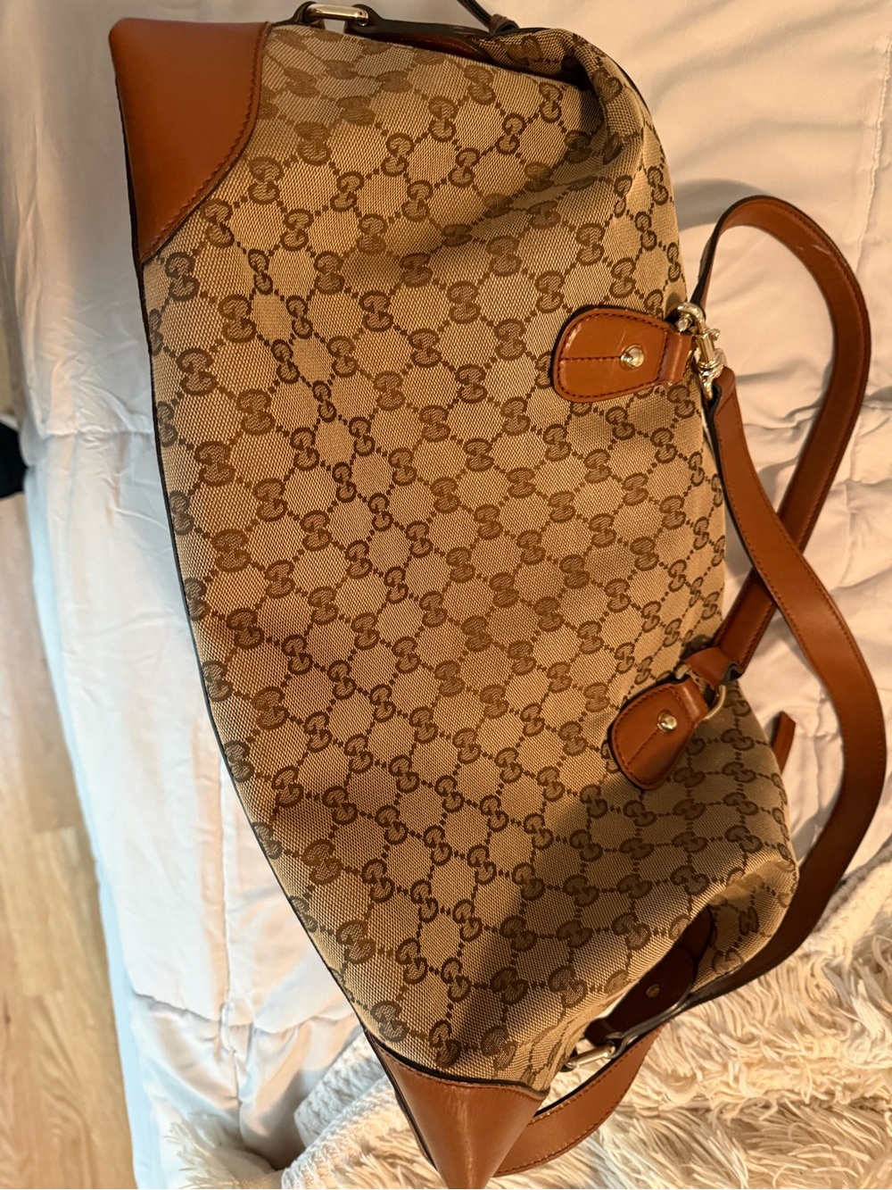 Gucci Brown GG Canvas Shoulder Bag with Tan Leather Trim